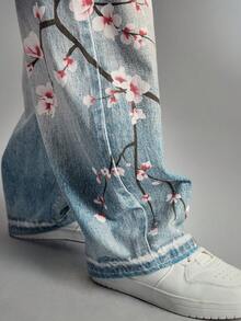 ROMWE MEN Street Life 男士宽松街头风梅花图案时尚宽松牛仔裤 - 藍色 - 查看 2