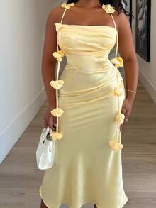 Alexandranx Váy đi nghỉ hở lưng họa tiết hoa mùa xuân hè cho nữ, váy dự tiệc, váy dự tiệc cưới - Màu vàng - Xem 3