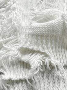 Maweii Große Größen Pullover für Damen, langärmelig, einfarbig, weiß, V-Ausschnitt, zerfetzter gestrickter Pullover, Designsinn, locker und lässig, Halloween, Punk, gestrickter Punk-Pullover, Damen Pendler-Oberteil für Alltag, Herbst und Winter, schwarzer gestrickter Pullover für heiße Mädchen