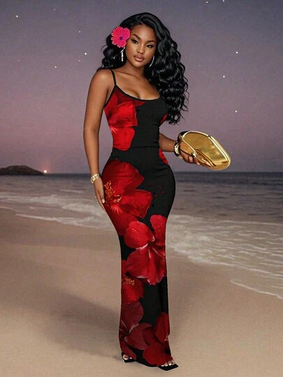 Slaydiva 2025/Summer Outfits For Women/Fall Women Clothes/Summer Dresses For Women/Elegant Dresses For Women/Wedding Guest Dress Women/Vacation Outfits Woman/Going Out/Classy Outfits For Women/Floral Graphic Casual Minimalist Sleeveless Dress Chic Dress