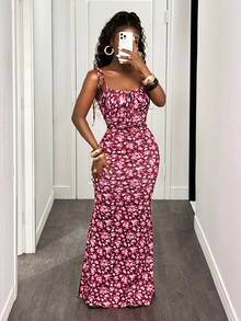 BamGleam Women Floral Print Bodycon Sexy Fashion Elegant Party Vacation Festival Summer Dress - Burgundy - View 6