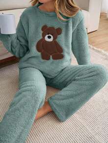 SHEIN Cottnline 2pcs Plush Bear Embroidery Detail Homewear PJ Set - Cadet Blue - View 6