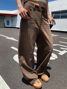 Livesso 女式复古做旧棕色口袋宽松休闲牛仔裤 - 咖啡棕 - 查看 4