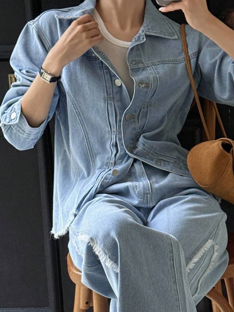 Women's Denim Collared Long Sleeve Cinched Waist Frayed Hem Cardigan And Flared Frayed Hem Pants 2 Pieces Casual Elegant Denim Set