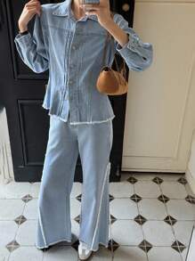 DAZY Women's Denim Collared Long Sleeve Cinched Waist Frayed Hem Cardigan And Flared Frayed Hem Pants 2 Pieces Casual Elegant Denim Set