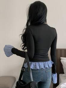 DAZY 女式圆领撞色格子拼接长袖修身休闲T恤秋季上衣 - 黑色 - 查看 3