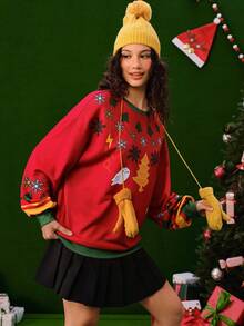 HARRY POTTER X SHEIN 圣诞图案撞色装饰圆领长袖运动衫 - 彩色 - 查看 7