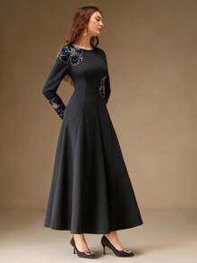 Anewsta 女装新款端庄串珠花卉图案高端宴会优雅连衣裙 - 藍色 - 查看 5