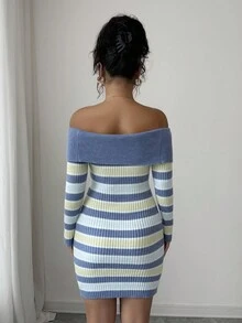 Selianne Multicolor Striped Off Shoulder Long Sleeve Striped Waist Fitted Elegant Romantic Knit Dress For Women - Multicolor - View 2