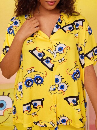 SpongeBob SquarePants | SHEIN 大码可爱卡通印花短袖上衣和裤子睡衣套装，夏季