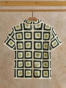 HIMLAND Men's Fashionable Tri-Color Knit Polo Shirt Men Crochet Shirt Crochet Shirt Open Knit Shirt Men Men Retro Shirt White And Green Graphic Shirt Men