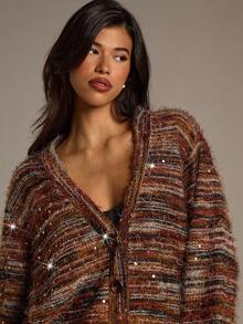 Aloruh Women's Faux Fur Jacket,Brown Striped Colorful Bohemian Style,Sequin Fabric Glamorous Casual Autumn Winter Ladies Halloween Costumes Retro Occasion - Multicolor - View 8