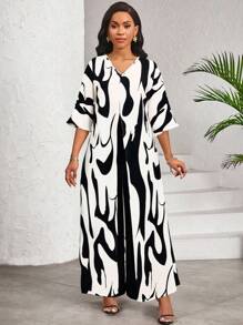 SHEIN Lady Women's Casual V-Neck Long Split Top And Pants 2 Pieces Set - Black and White - View 5