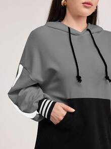 Veilorie Two Tone Striped Side Drawstring Hoodie & Pants Set 2 Pieces Set - Dark Grey - View 5