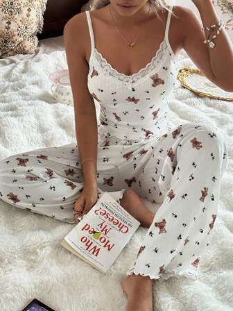CottageSlumber 2pcs Women's Romantic Floral Lace Patchwork V-Neck Camisole And Long Pants Pajama Set Cami Pajama Set Pajama Set Women Cute Pajama Set For Women Sleep Wear Women 2 Piece Set Pajama Set With Teddy Bears