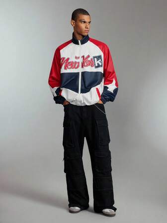 Prep Giacca casual con chiusura lampo, maniche a raglan e stampa di lettere a contrasto, per uomo, autunno inverno