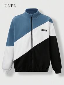 SHEIN Explorewe Chaqueta de otoño/invierno para niños, chaqueta de una sola pieza de estilo de moda con parches de piel sintética de manga larga, diseño de contraste de color que muestra un estilo personalizado, con cuello alto y cremallera. Diseño de cuello alto con cremallera, parches de color azul, blanco y negro de felpa sherpa que resalta la mirada, adecuado para usar en la calle, el campus y en exteriores de otoño/invierno para niños. - Azul - Ver 7
