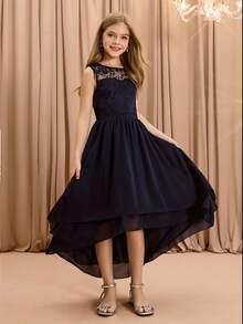 Girls' Sleeveless Lace Chiffon Dress, Big Tween Girl Long Chiffon Sister Dress, Holiday Party Princess Gown - Blue - View 5