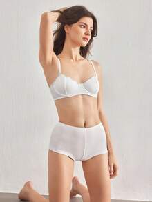 Ocili Set Bra Tanpa Kawat dan Celana Pendek Pinggang Tinggi Katun Rib Leisure Comfort untuk Wanita - Putih - View 3