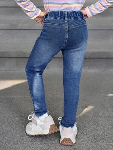 SHEIN 年轻女孩可爱蝴蝶结装饰蓝色牛仔毛绒衬里裤，羊毛加厚服装，女孩秋冬装 - 深色水洗藍 - 查看 6