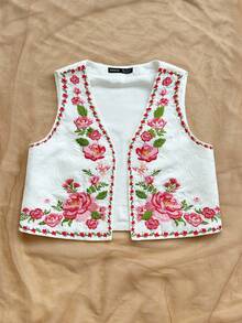 Soleia Women's Romantic Floral Embroidered Casual Top, Suitable For Vacation, Back To School, Casual Lunch, Date, Valentine's Day, Afternoon Tea, Party, Wedding, Spring/Summer Holiday, Cruise, Music Festival, Boho Style Embroidered Top Women Top Women Floral Tops Floral Crop Top Vintage Floral Top Vintage Tops Women Flower Tops For Women Floral Crop Top - Red and White - View 4