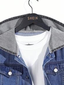 2 件套青少年男童时尚蓝黑牛仔布拼接连帽牛仔夹克 + 黑色牛仔紧身裤套装