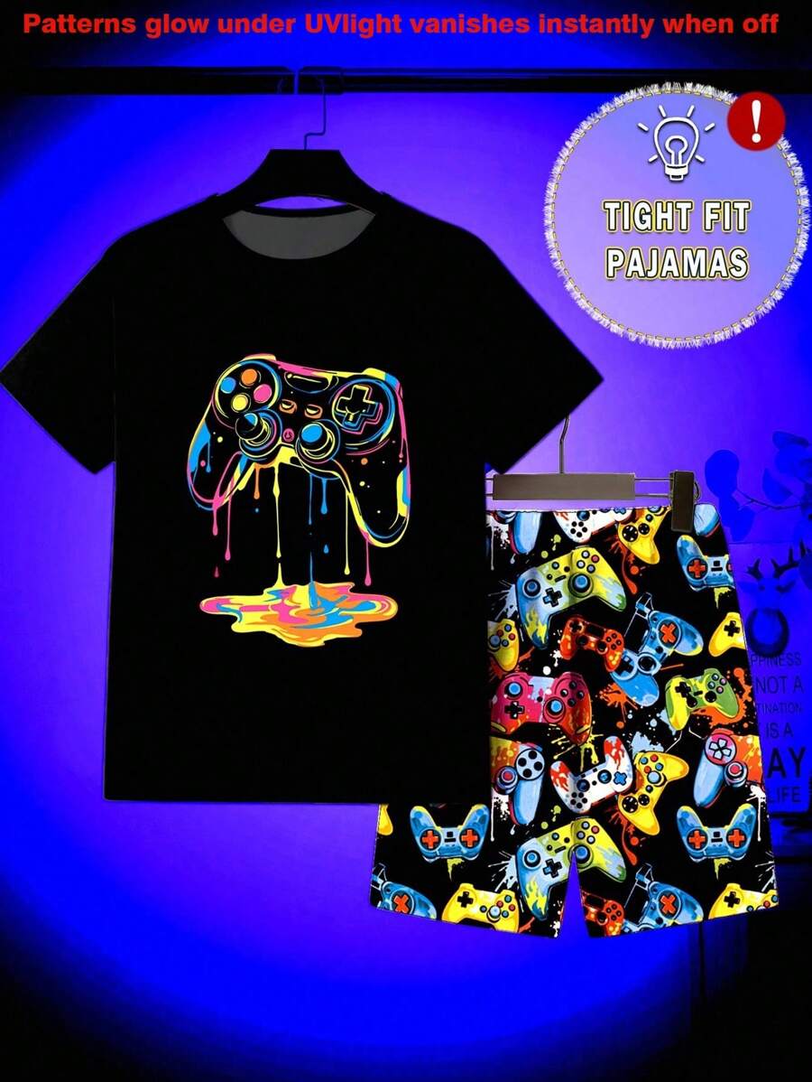 Tween Boys Pajama Set: Round Neck Short Sleeve Luminous Game Console Allover Print Shirt + All-Over Game Console Print Shorts, Snug Fit Sleepwear - Black - View 1