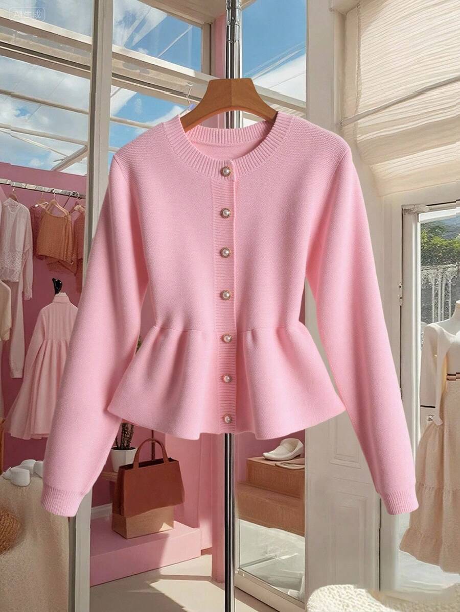 Franclia Women's Elegant Fashion Minimalist Versatile Round Neck Ruffle Hem Waist Fitted Cardigan Sweater, Autumn/Winter Pink Cardigan Pink Sweater Cute Cardigan Pearl Button Cardigan Fall Cloth For Women - Pink - View 1