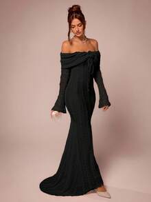 SHEIN BAE 茶歇装 甜美优雅长裙 露肩长袖连衣裙 约会装 3D花裙 - 黑色 - 查看 4