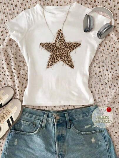 SHEIN Camiseta de manga larga de cuello redondo, de ajuste ceñido, de estilo minimalista y casual, con estampado de estrella y leopardo de estilo universitario y deportivo callejero vintage, adecuada para capas o ropa exterior, atuendos de otoño, comodidad fácil, capas de otoño para niñas, ropa gráfica casual para niños, ropa de otoño