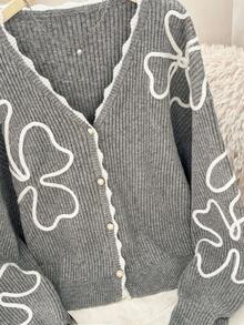 Modelyn Plus Size Floral Pattern Front Button Cardigan, Casual For Autumn/Winter - Grey - View 5