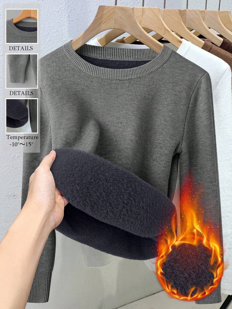 Franclia Women's Fitted Crew Neck Thermal Lined Long Sleeve Sweater Winter Tops For Women Women Winter Sweater Women Pullover Sweater - Grey - View 1