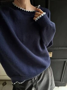 DAZY 女士宽松休闲贝壳刺绣毛衣，秋季 - 藏蓝色 - 查看 6