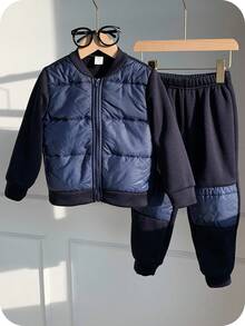 SHEIN 2 件套年轻男童休闲绗缝夹克长袖外套和运动裤套装，舒适通勤、上学、日常休闲，适合儿童服装、年轻男孩服装、返校、生日派对、晚会、婚礼、洗礼、开学典礼，适合运动、秋冬，羊毛，加厚 - 藍色 - 查看 2