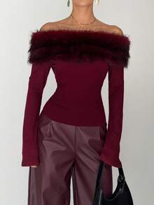Siren Gaze Women's Elegant Burgundy Faux Fur Off Shoulder Top,Autumn Winter Night Out Christmas Party Luxury Fluffy Long Sleeve Ribbed T-Shirt,Graduation Chic - Mocha Brown - View 1