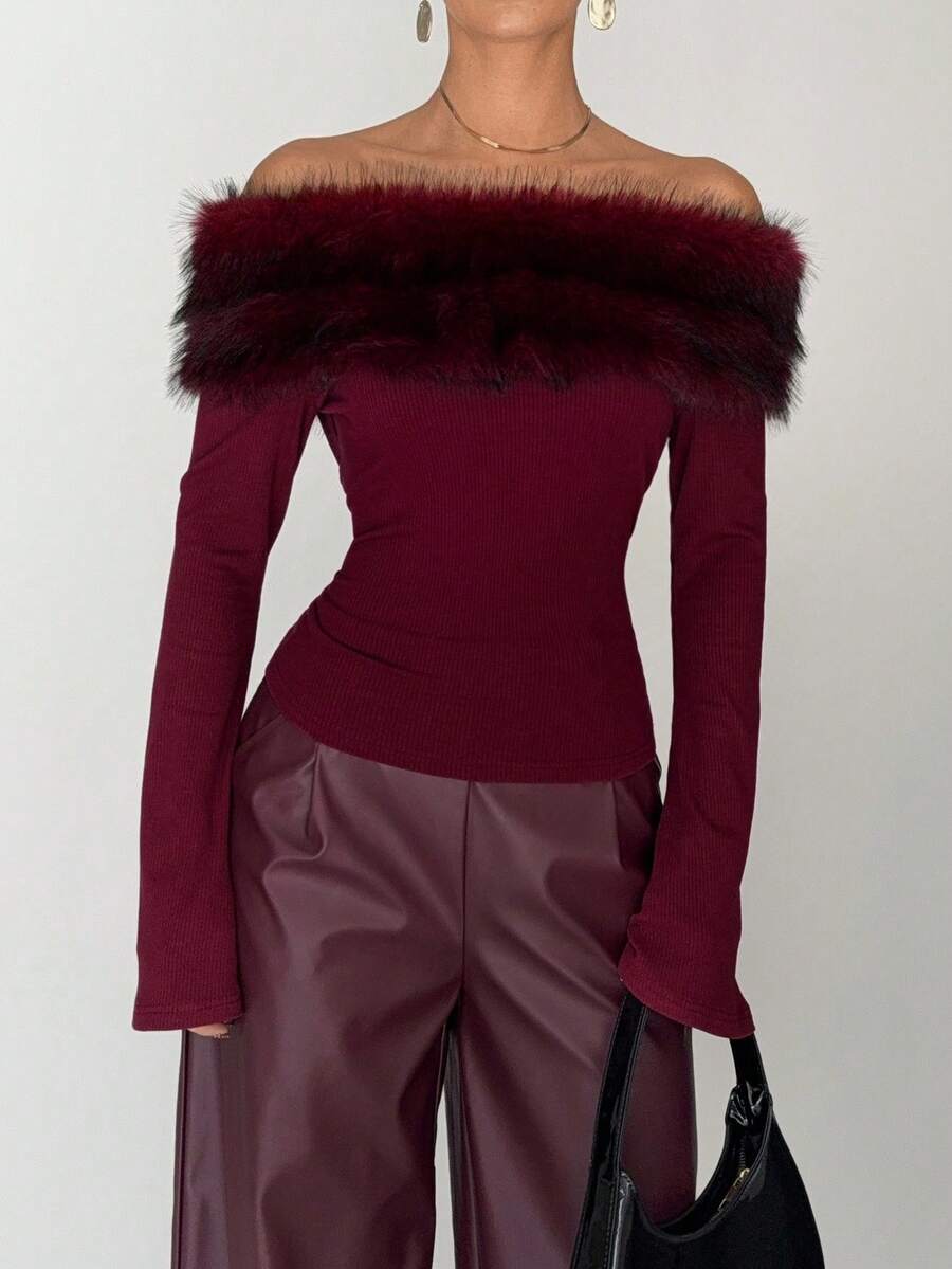 Siren Gaze Women's Elegant Burgundy Faux Fur Off Shoulder Top,Autumn Winter Night Out Christmas Party Luxury Fluffy Long Sleeve Ribbed T-Shirt,Graduation Chic - Mocha Brown - View 1