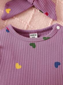 SHEIN 情人节新生儿爱心印花连体衣，舒适针织休闲连体衣配发带，秋冬季款 - 紫色 - 查看 4