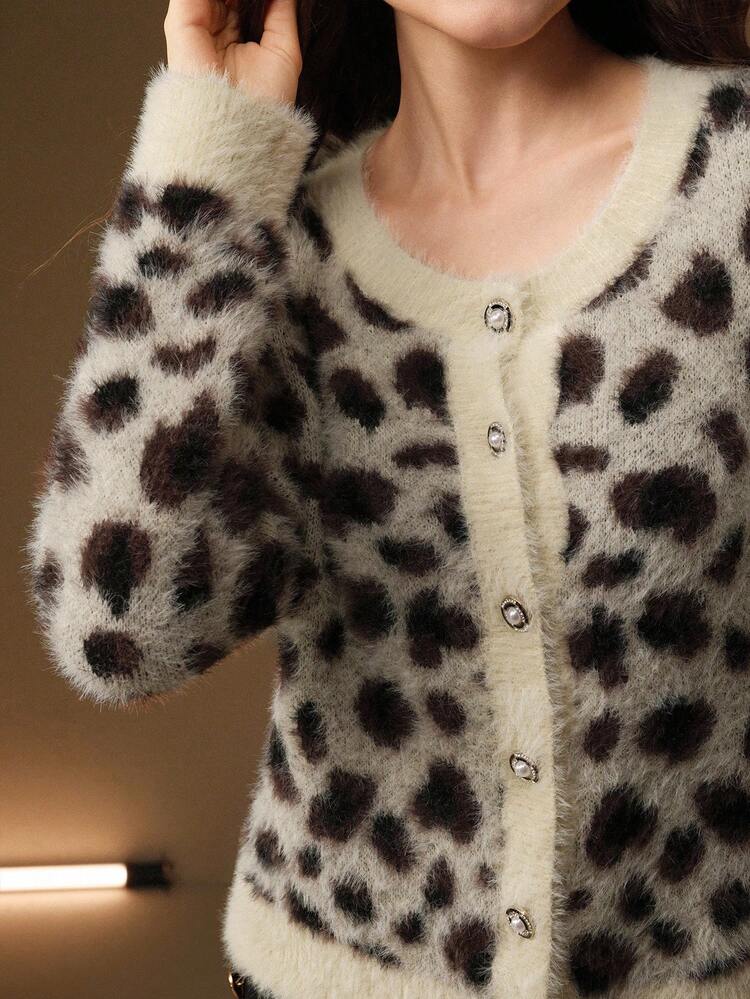 Damen eleganter vintage Leoparden-Muster Strickjacke