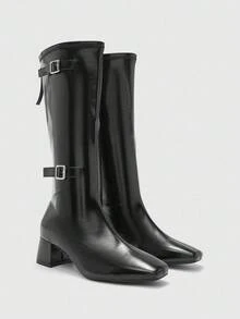 CUCCOO BIZCHIC Women's Pointed Toe Buckle Design Mid-Calf Fashion High Heel Boots - Black - View 6
