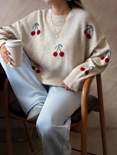 EURMUSE Suéter de punto suave y cremoso con diseño de cerezas rojas en todo el tejido - Suéter holgado y casual