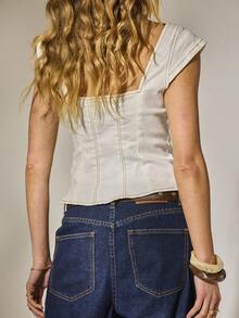 Aralina Áo corset denim Y2K dễ thương cho nữ mùa thu/đông, thường ngày, hoàn hảo cho buổi hòa nhạc đồng quê, giáo viên và nhà thờ - trắng - Xem 2