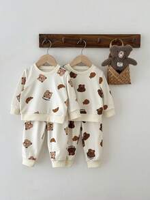 SHEIN 4pcs/Set Baby Boys' Outfit,Cute Off-White Cocoa Bear & Fish Print,YUMMY Letter,Ribbed Cuffs & Hem,Comfortable Autumn Casual Wear,Family Matching - Apricot - View 5