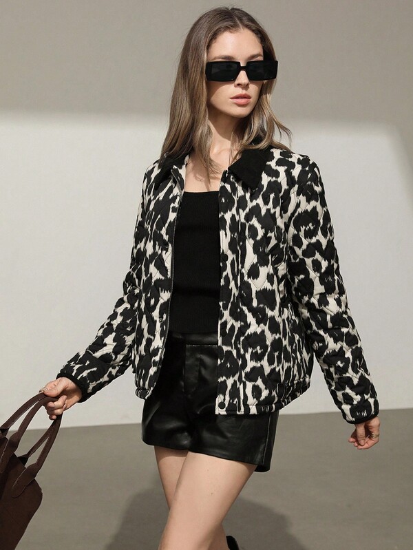 Aveloria Modichic Abrigo acolchado y acolchado de manga larga con cuello vuelto, estampado floral aleatorio y versátil informal