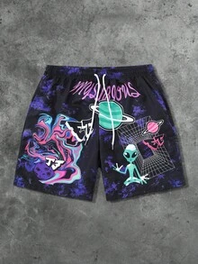 ROMWE MEN Street Life 男士扎染外星人与字母图案抽绳腰短裤，学校 - 彩色 - 查看 1