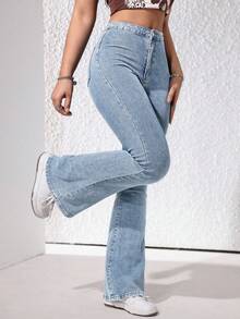 SHEIN ICON 休闲水洗修身喇叭牛仔裤 - 淺色水洗藍 - View 5