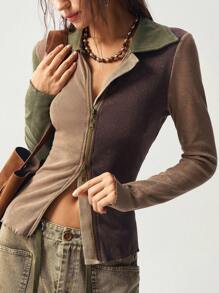 Bohemela 休闲针织拼布长袖修身女上衣 - 摩卡棕 - 查看 8