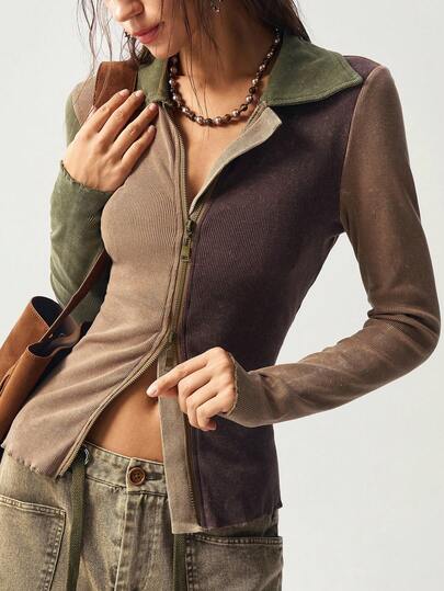 Bohemela Plus Size Women Casual Retro Color Block Zip Up Top