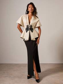 COSMINA Women's Elegant Waist Cinched PU Applique Blouse Kimonos For Woman - Apricot - View 4