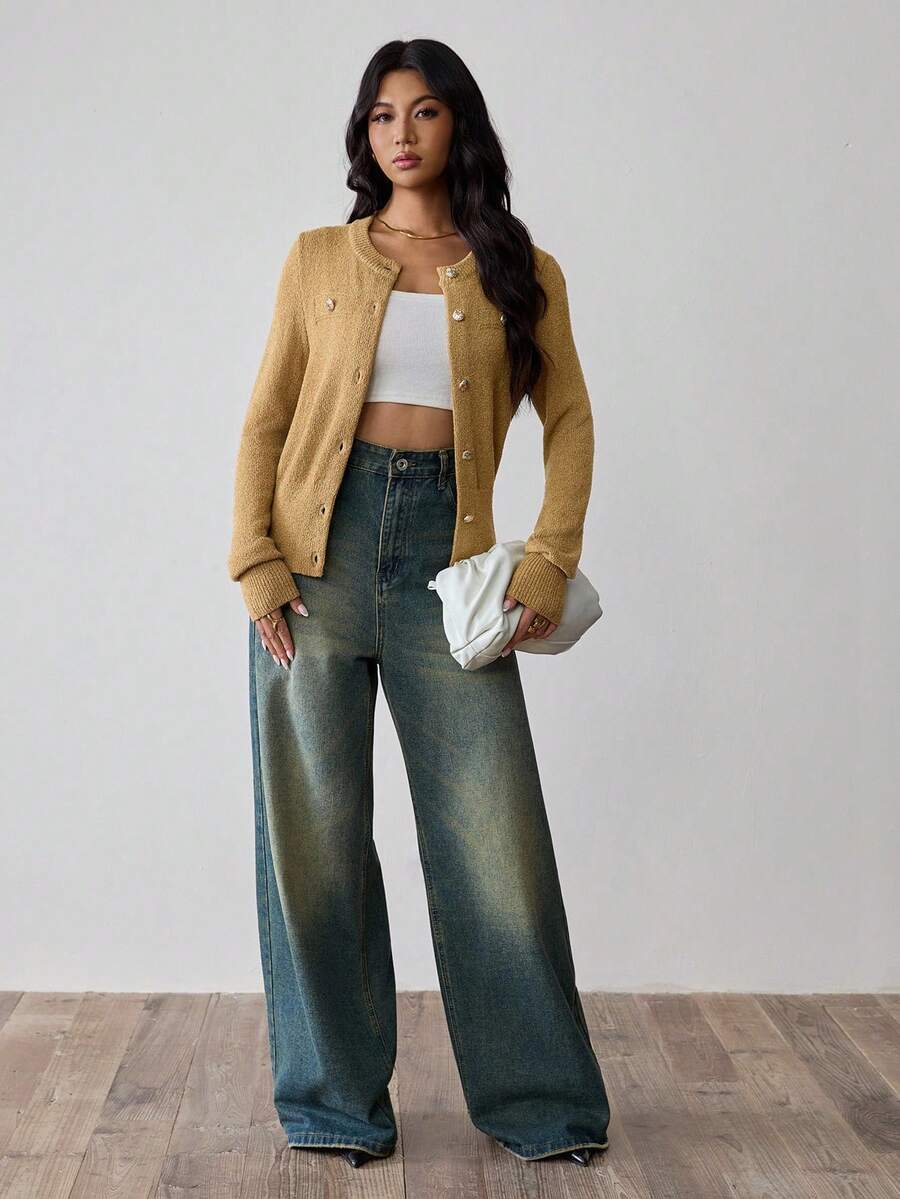 Rafferiza Cárdigan de manga larga de punto de diseño versátil y casual para mujeres - Caqui - Ver 1