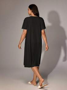 Lazeform Two-Tone Trimmed Black Jacquard Knit Collar Short Sleeve Robe - Black - View 2